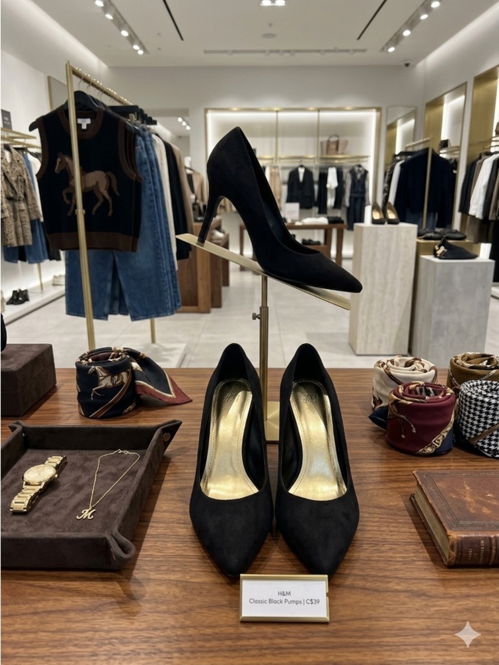 Classic H&M Black Pointed Toe Pumps | Faux Suede Gold Insole 6